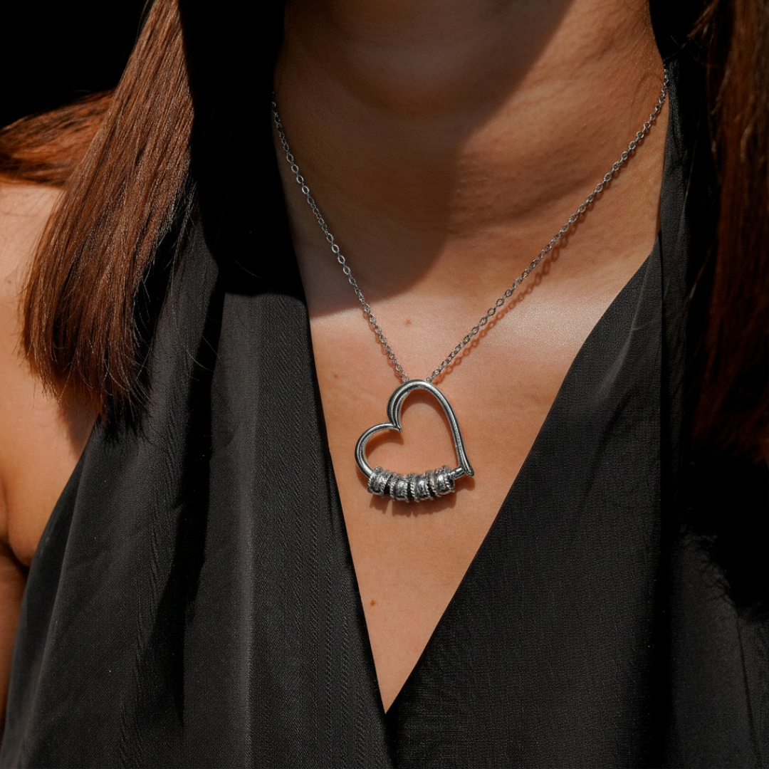 Custom Gold Heart Pendant Necklace with Engraved Beads