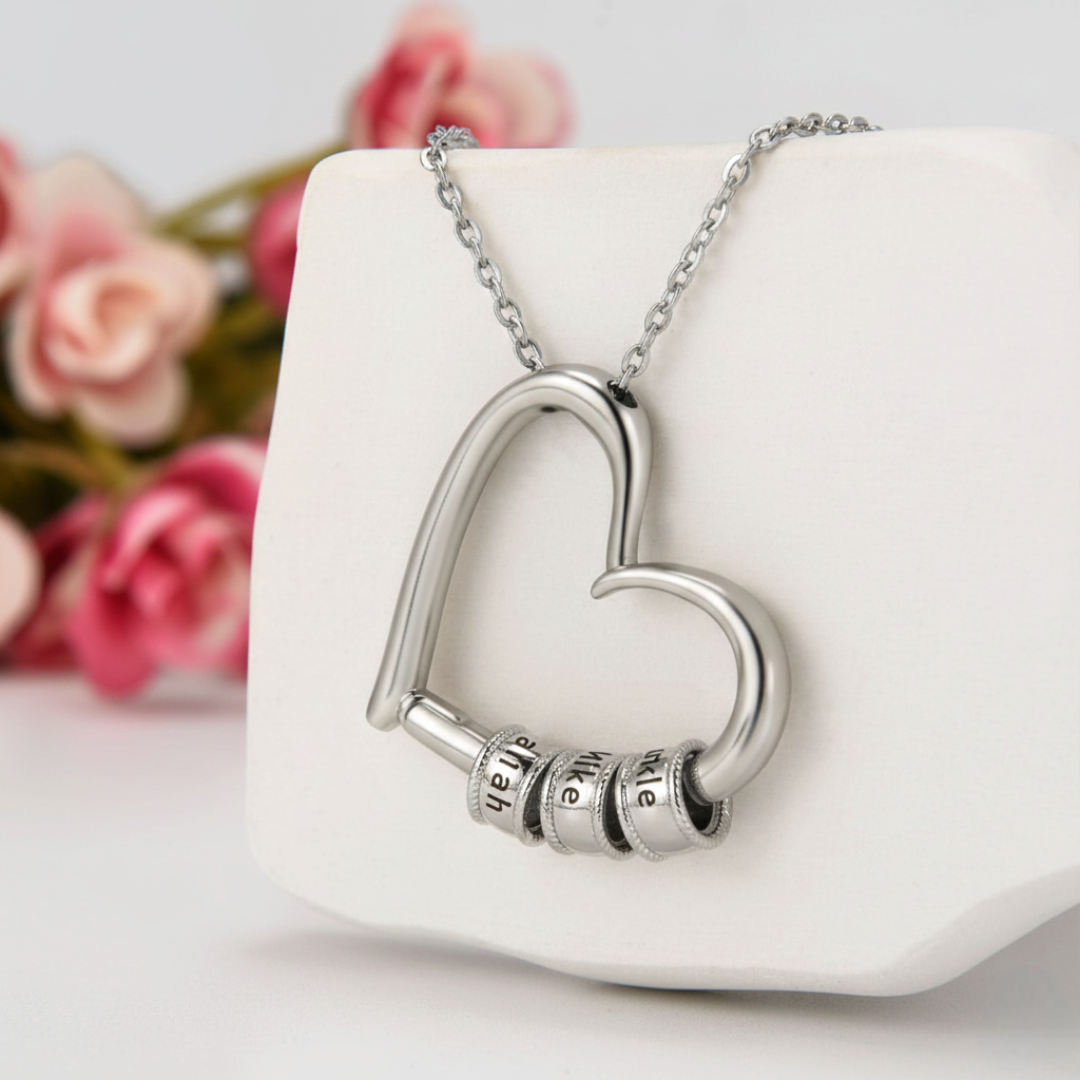 Custom Gold Heart Pendant Necklace with Engraved Beads