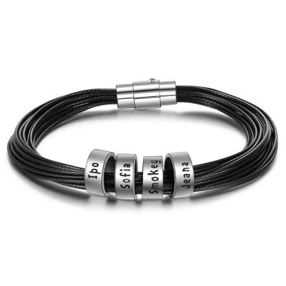 Personalized Men Leather Bracelet With 4 Names Beads-Florence Scovel