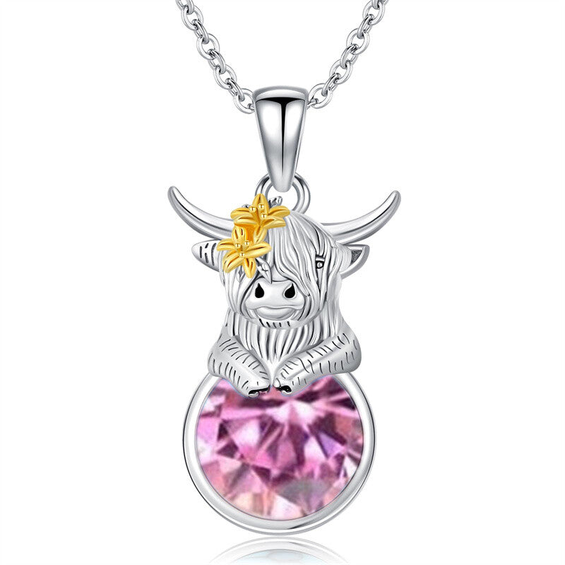 Sterling Silver 12 Months Birthstone Highland Cow Pendant Necklace