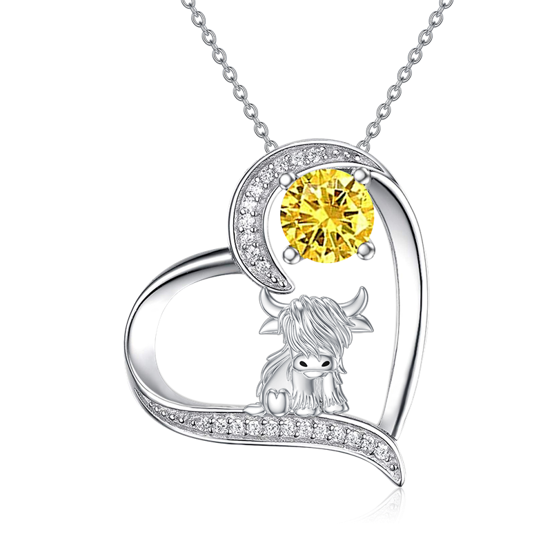 Sterling Silver 12 Months Birthstone Highland Cow Pendant Necklace