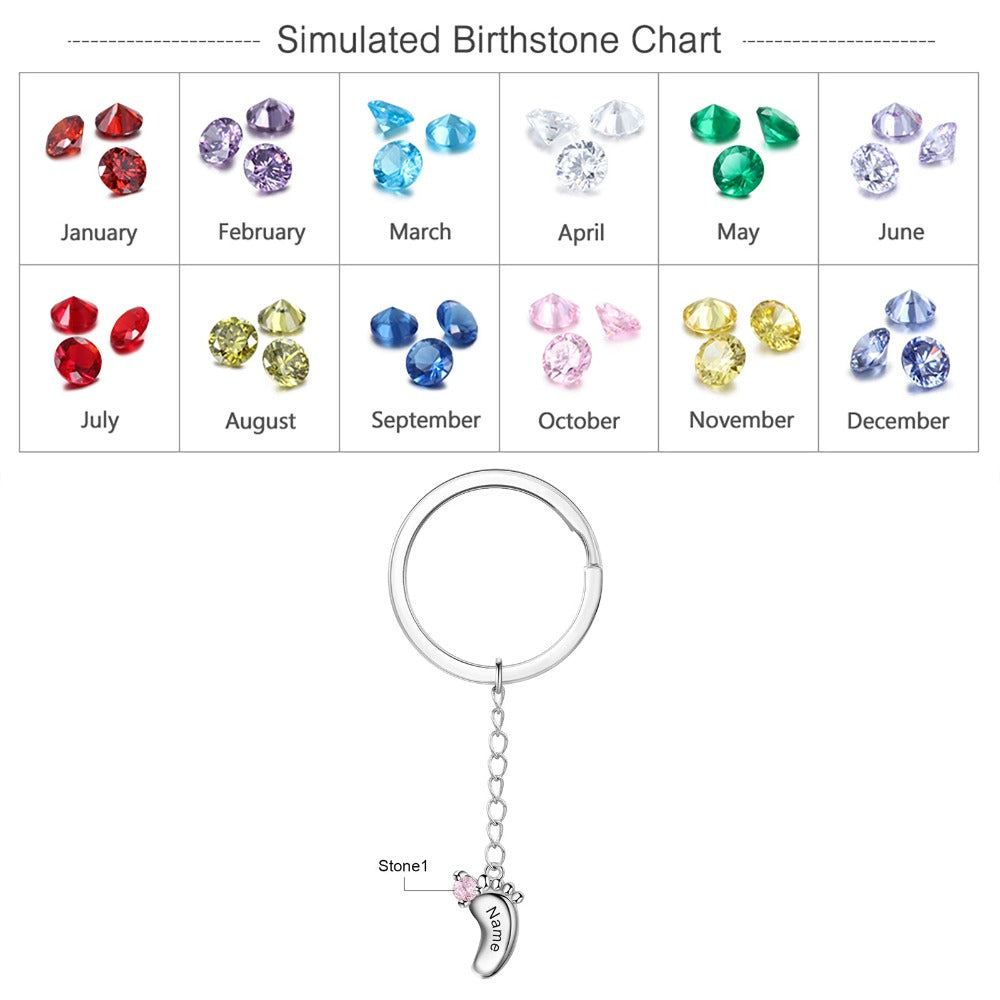 Personalized 1 Name And Birthstone Engraved Baby Foot Keychains-Florence Scovel