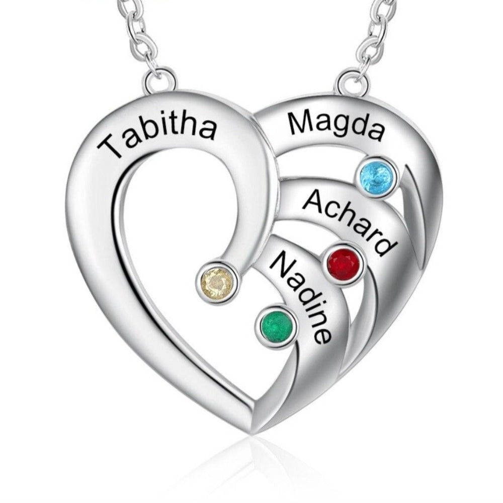 Personalized Heart Necklace with 4 Birthstones Customized Family Name Engraved Pendant Unique Anniversary Gift-Florence Scovel