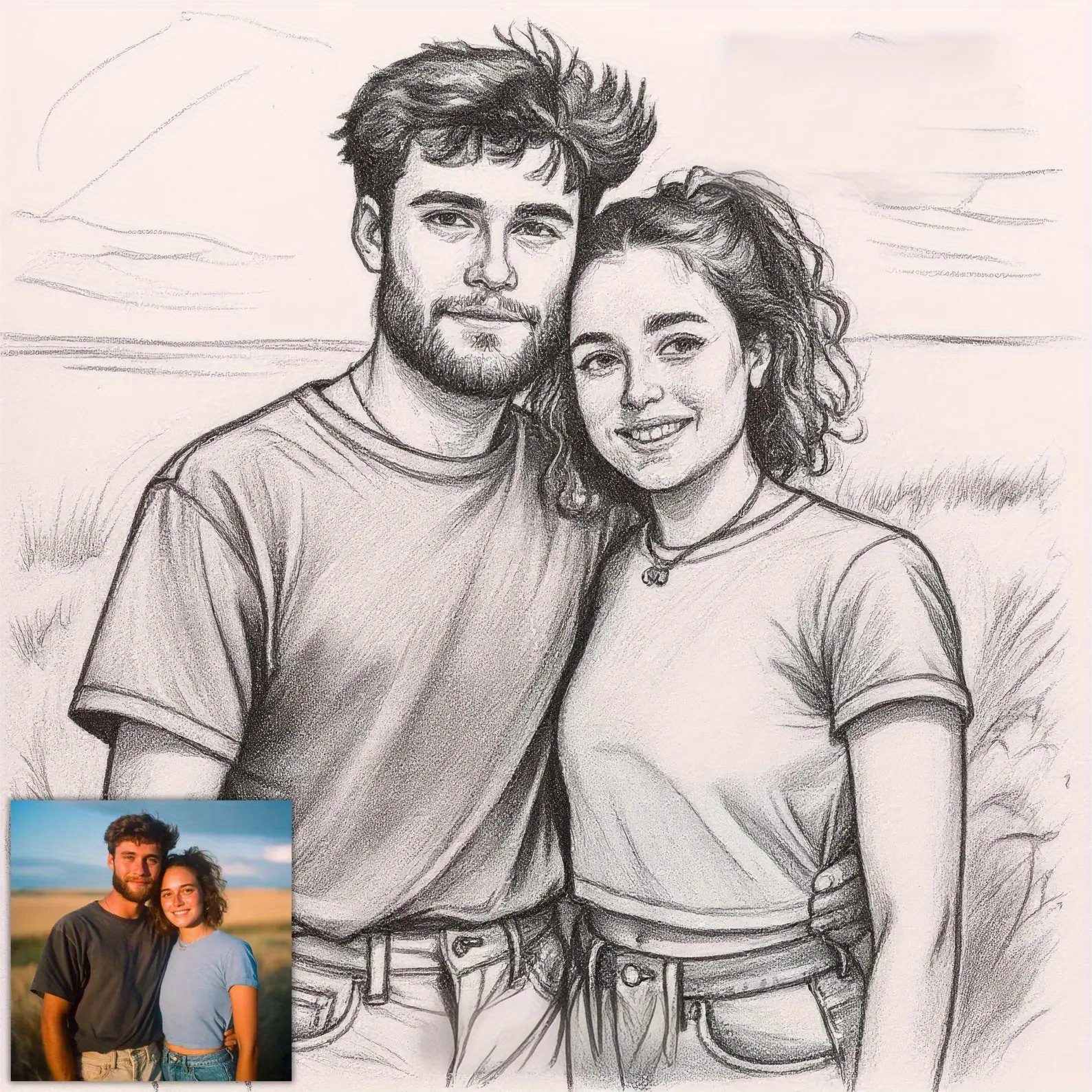 Personalized 2D Flat Charcoal Portrait Art Canvas