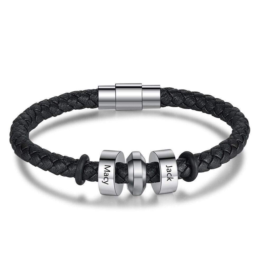 Personalized 2 Names Stainless Steel Black Leather Bracelets-Florence Scovel