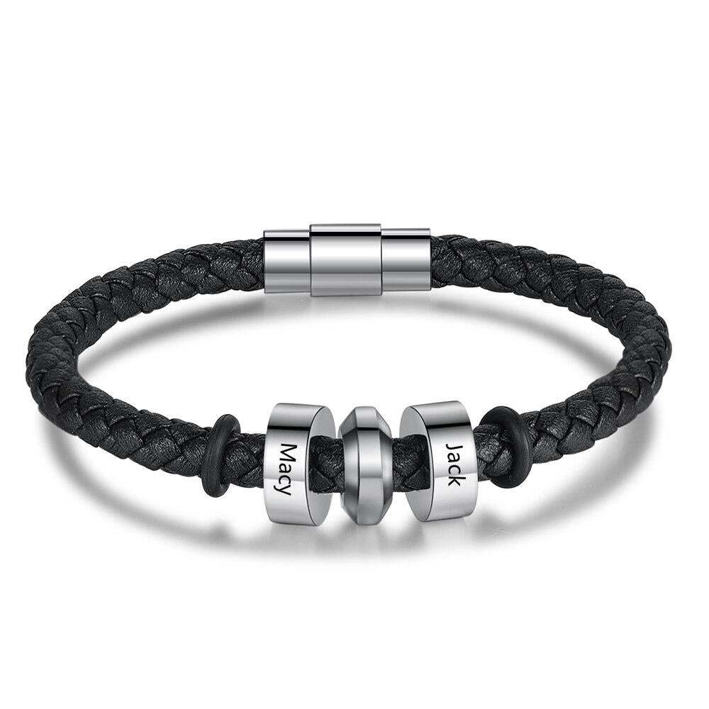 Personalized 2 Names Stainless Steel Black Leather Bracelets-Florence Scovel