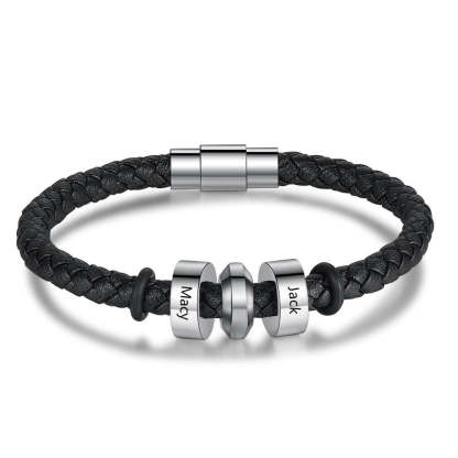 Personalized 2 Names Stainless Steel Black Leather Bracelets-Florence Scovel