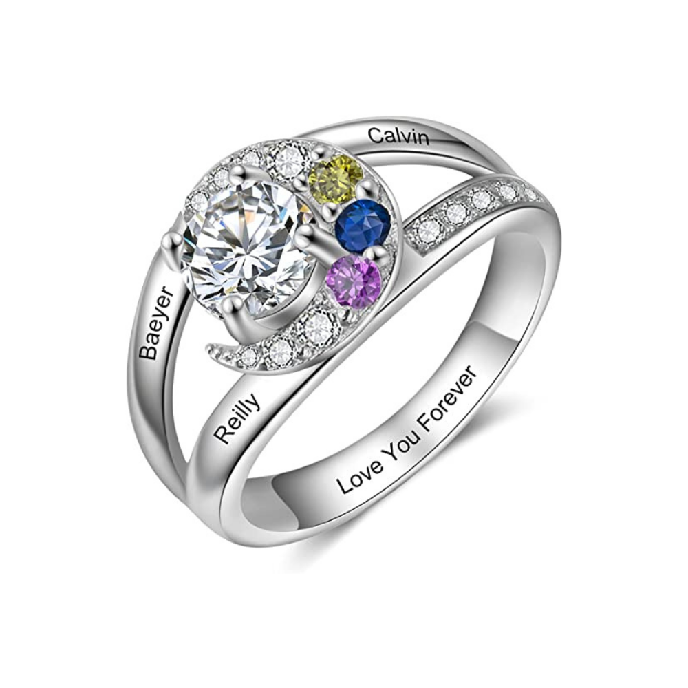 Personalized 3 Names And Birthstones Moon Rings-Florence Scovel