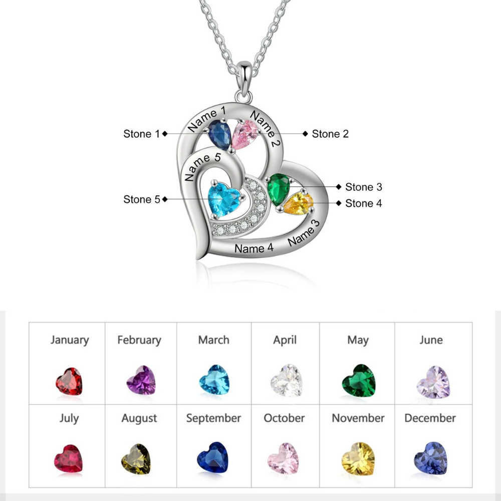 Personalized 5 Names And Birthstones Engraved Heart-Shaped Pendant-Florence Scovel