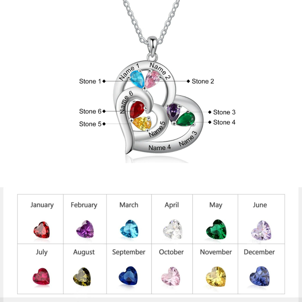 Personalized 6 Names And Birthstones Engraved Heart-Shaped Pendant-Florence Scovel