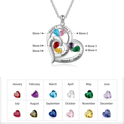 Personalized 6 Names And Birthstones Engraved Heart-Shaped Pendant-Florence Scovel