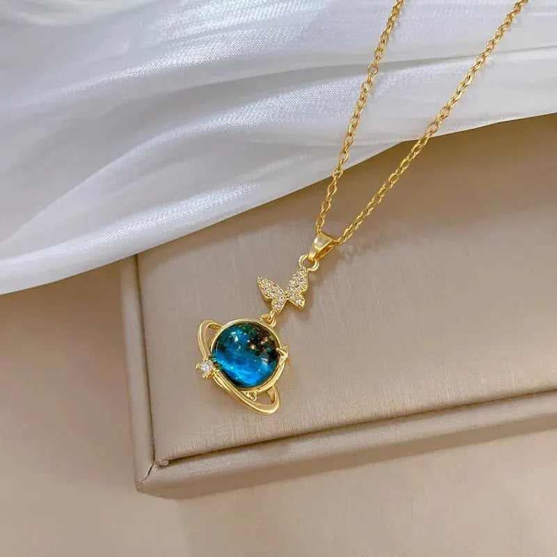Interstellar Charm Necklace With Planet Pendant And Golden Rings