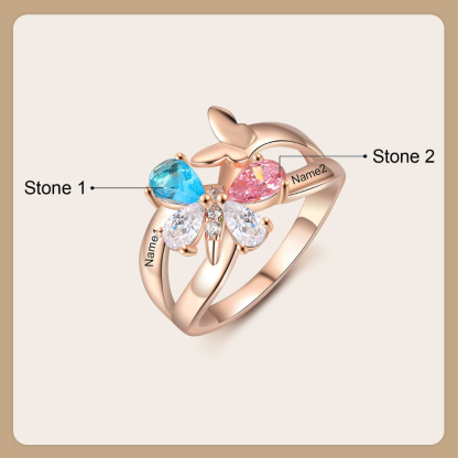 Personalized 2 Names And 2 Stones Butterfly Rings for Women-Florence Scovel