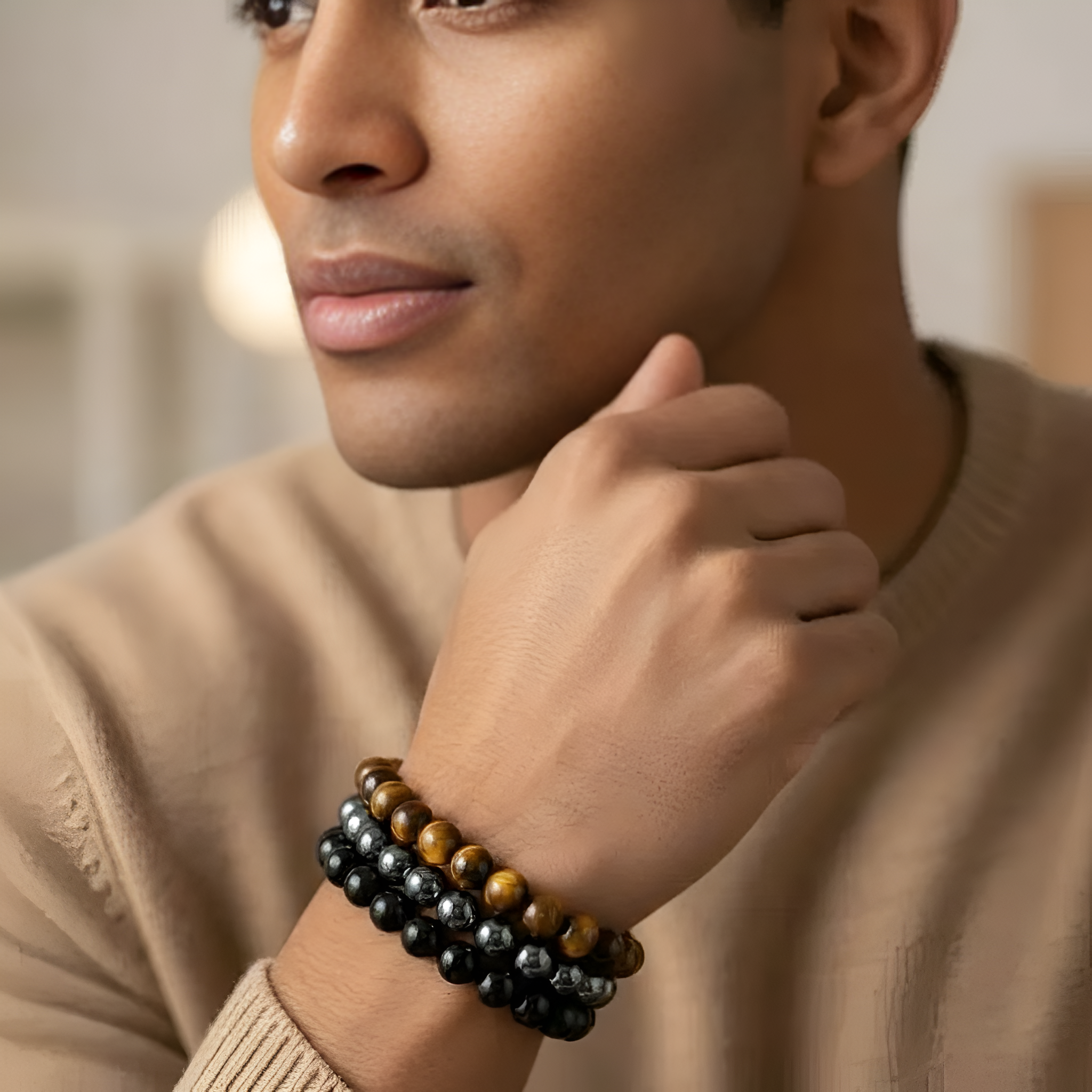 Triple Protection Bracelet Set 8mm Tigers Eye Obsidian, Amethyst Apatite Rose Quartz & Hematite | Unisex Healing Gift Crystal Jewelry Emotional Balance