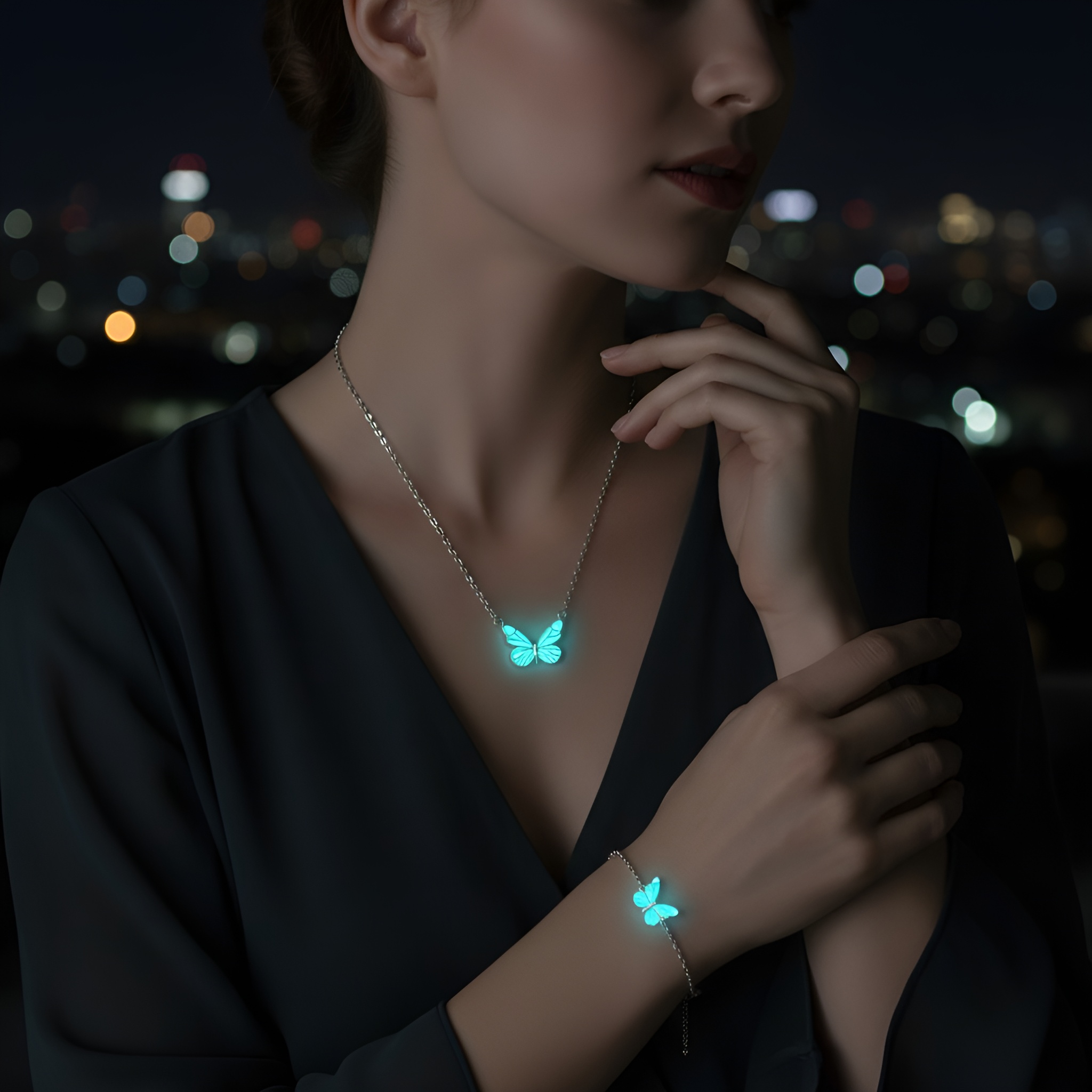 Glow Butterfly Necklace And Bracelet Set