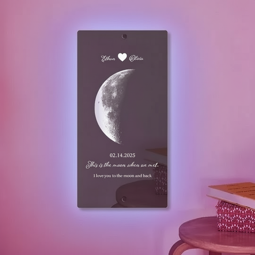 Custom Couple Anniversary Moon Phase Mirror Light - Romantic Valentine's Day Gift