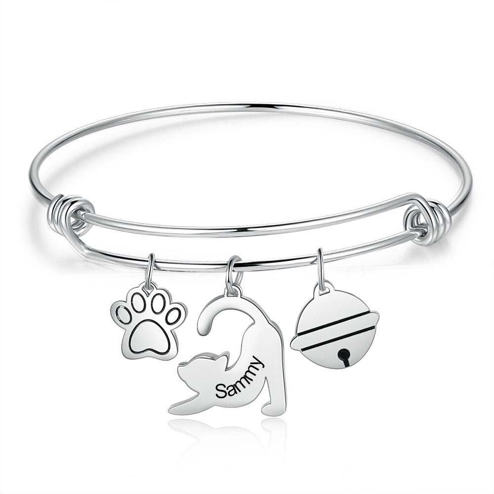 Personalized 1 Name Engraved Paw Cat Bracelet-Florence Scovel