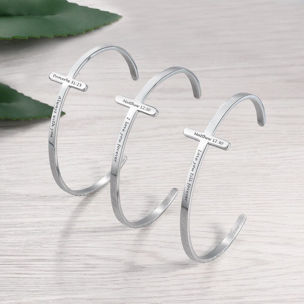Customized Engrave Stainless Steel Cross Cuff Bracelet For Women-Florence Scovel