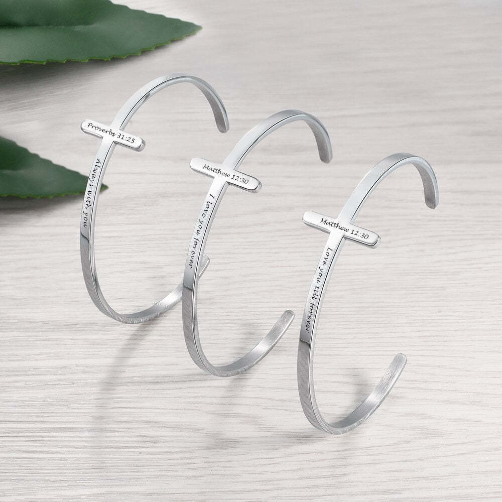 Customized Engrave Stainless Steel Cross Cuff Bracelet For Women-Florence Scovel