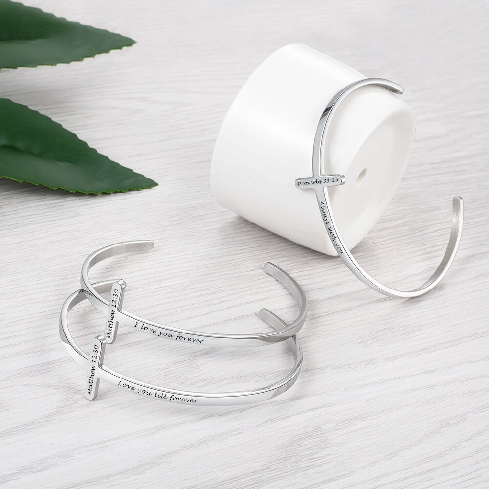 Customized Engrave Stainless Steel Cross Cuff Bracelet For Women-Florence Scovel