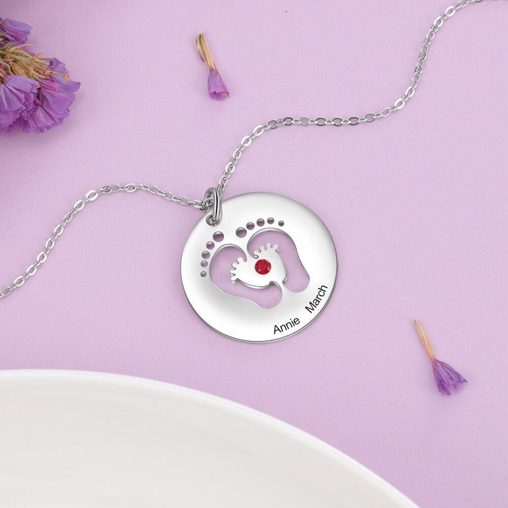 Personalized 1 Stone 1 Name 1 Date Baby Feet Necklace-Florence Scovel