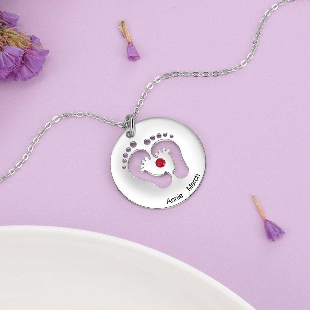 Personalized 1 Stone 1 Name 1 Date Baby Feet Necklace-Florence Scovel