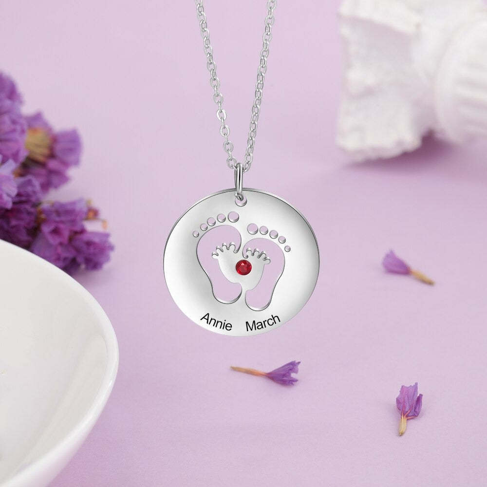Personalized 1 Stone 1 Name 1 Date Baby Feet Necklace-Florence Scovel