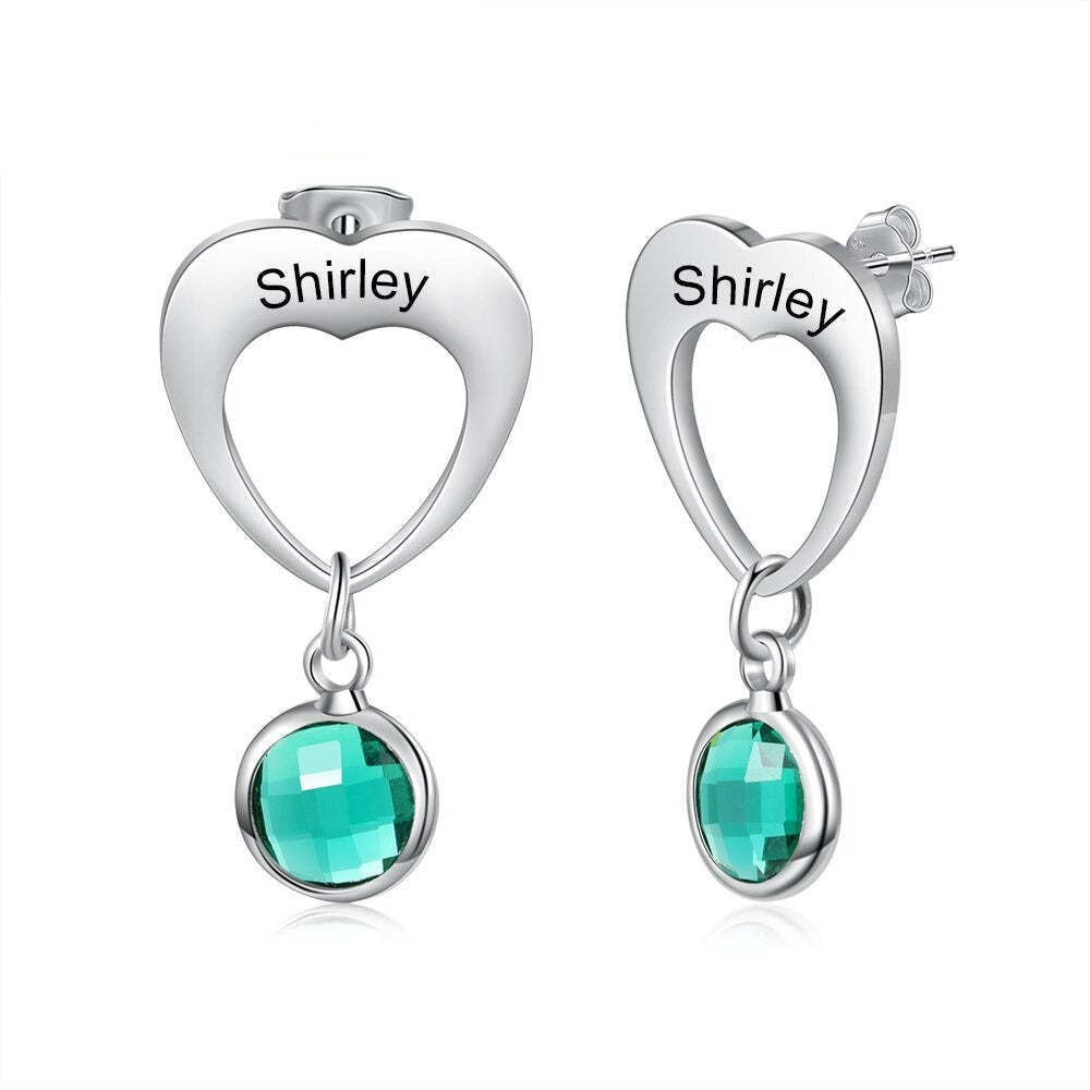 Personalized 1 Stone 1 Name Heart-Drop Earrings-Florence Scovel