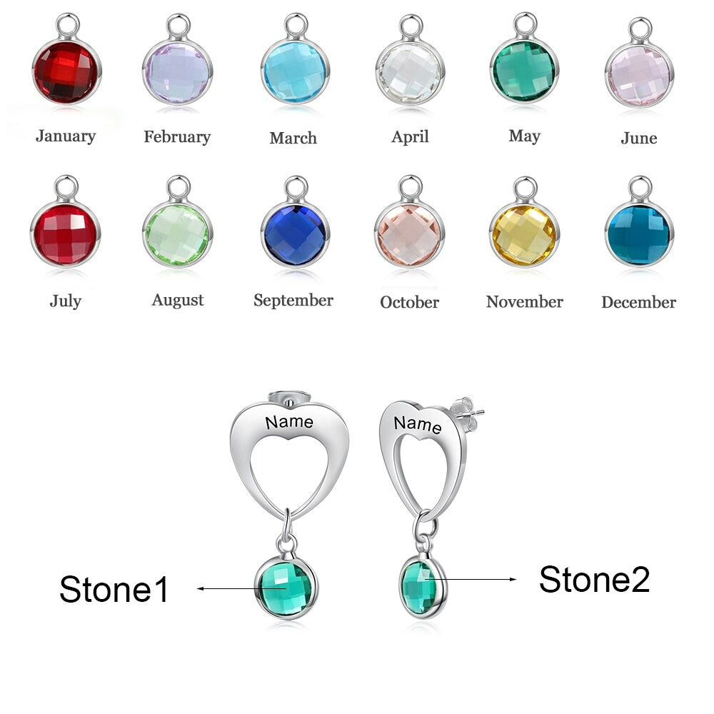 Personalized 1 Stone 1 Name Heart-Drop Earrings-Florence Scovel
