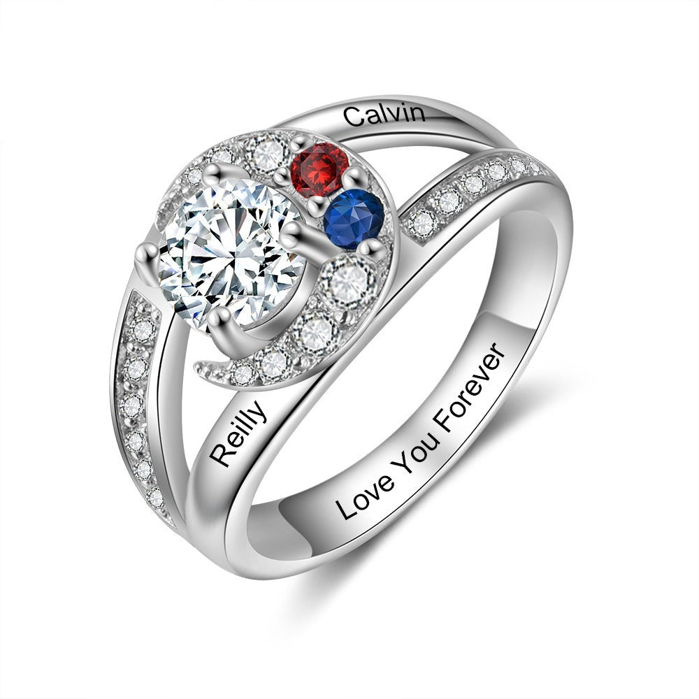 Personalized 2 Names And Birthstones Moon Rings-Florence Scovel