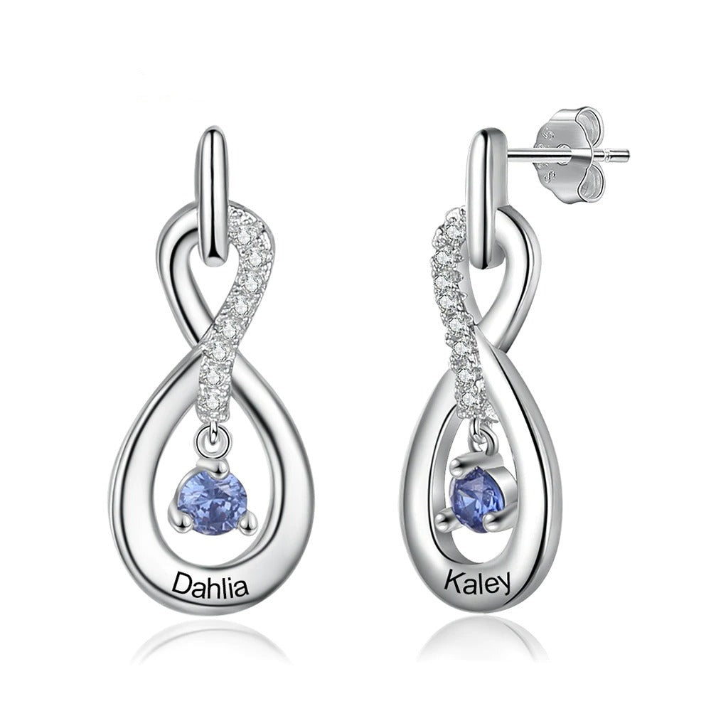 Personalized 2 Stones And 2 Names Silver Infinity Earrings-Florence Scovel