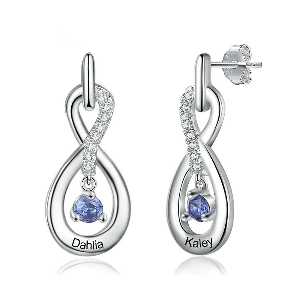 Personalized 2 Stones And 2 Names Silver Infinity Earrings-Florence Scovel