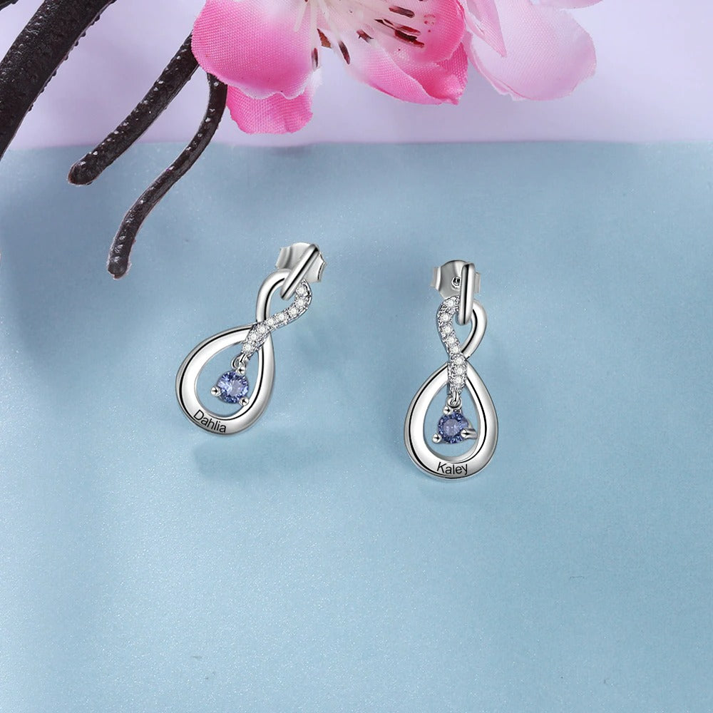 Personalized 2 Stones And 2 Names Silver Infinity Earrings-Florence Scovel
