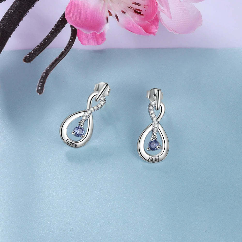 Personalized 2 Stones And 2 Names Silver Infinity Earrings-Florence Scovel
