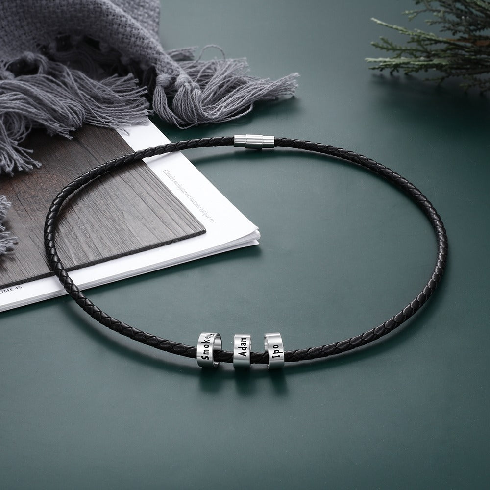 Personalized Men Leather Necklaces With 3 Beads-Florence Scovel