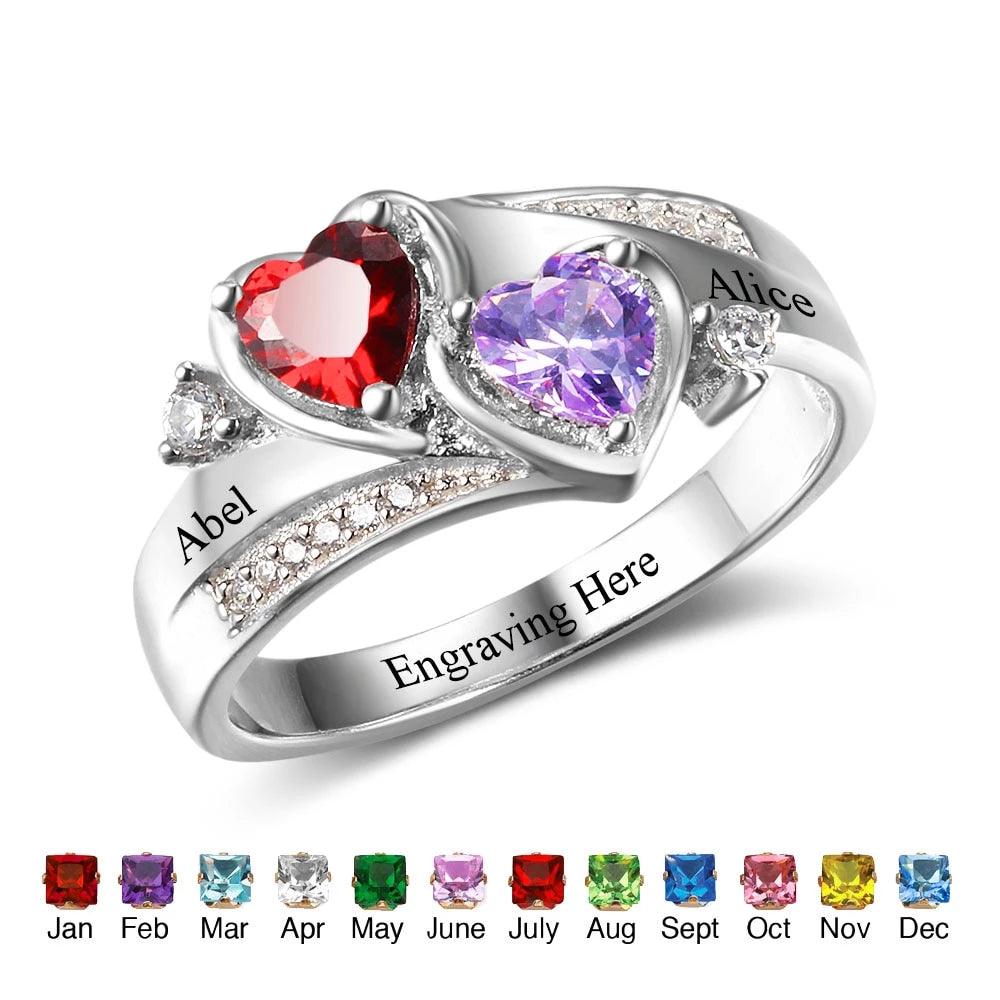 Personalized 925 Sterling Silver Ring - Custom Heart Birthstone - Engrave Custom Names - Customized Gift-Personalized Jewels