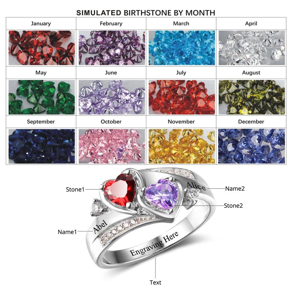 Personalized 925 Sterling Silver Ring - Custom Heart Birthstone - Engrave Custom Names - Customized Gift-Personalized Jewels