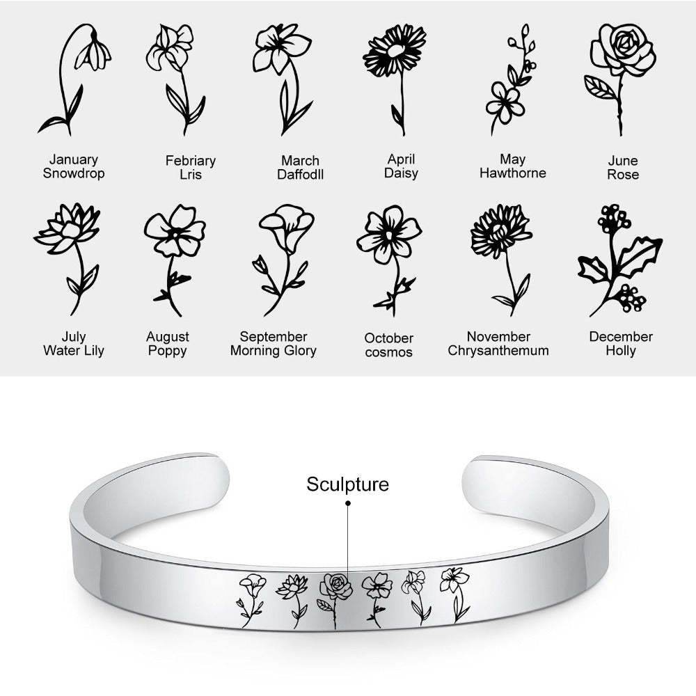 Personalized Engraved 4 Birth Flower Cuff Bracelet-Florence Scovel
