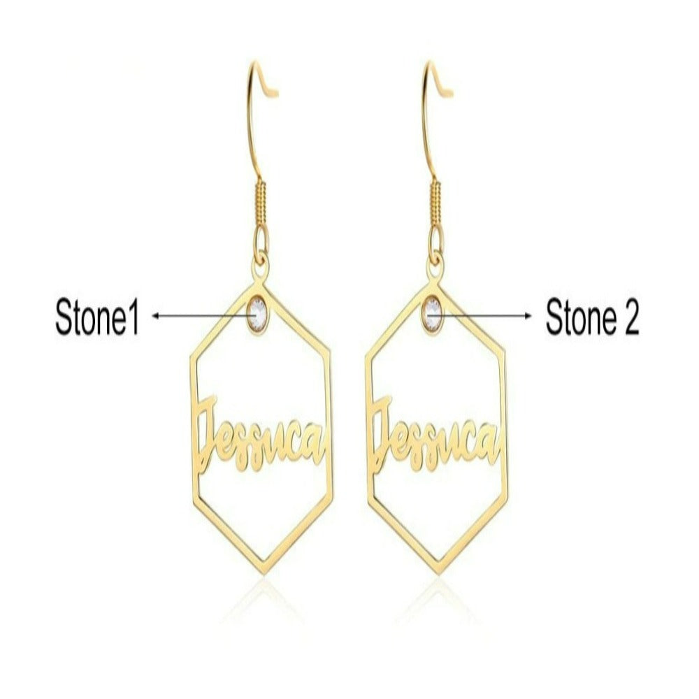 Personalized 1 Name And 2 Stones Hexagon Earrings-Florence Scovel