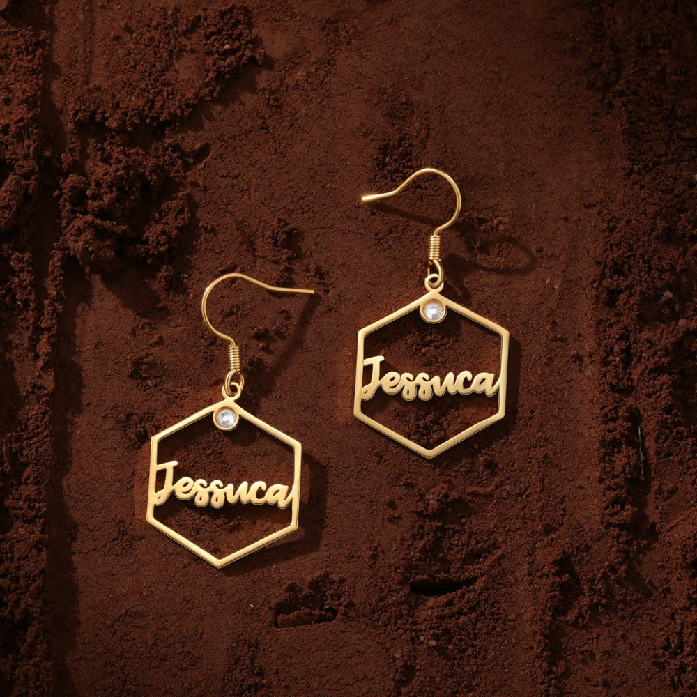 Personalized 1 Name And 2 Stones Hexagon Earrings-Florence Scovel