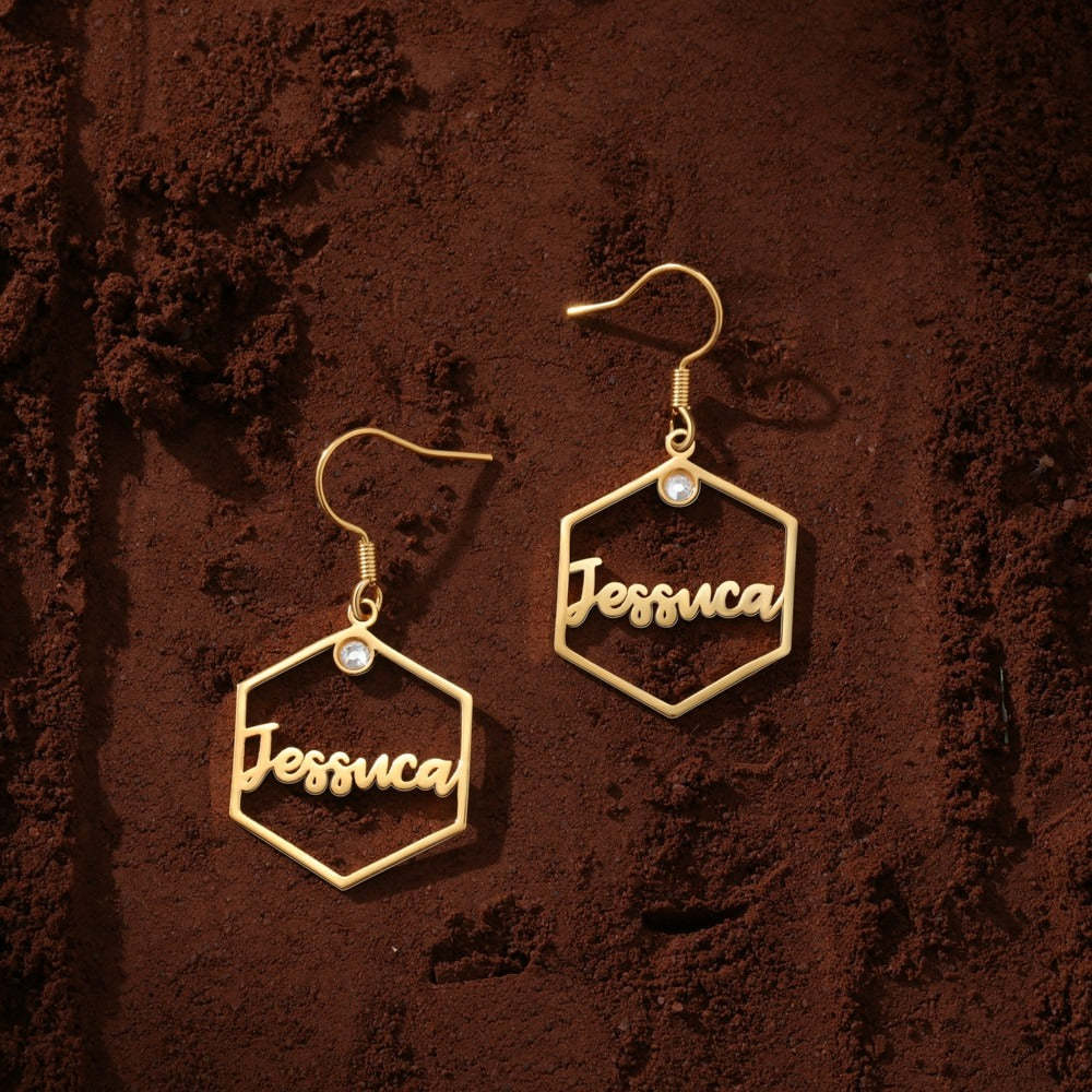 Personalized 1 Name And 2 Stones Hexagon Earrings-Florence Scovel