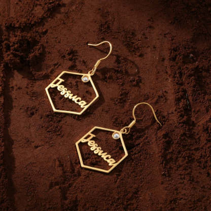 Personalized 1 Name And 2 Stones Hexagon Earrings-Florence Scovel