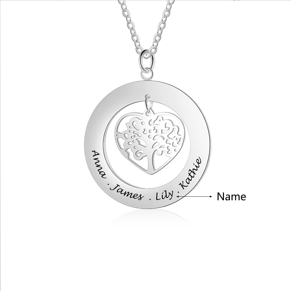 Personalized Tree of Life Engrave Name Necklace Silver Color Round Customized Necklace Family Gifts-Florence Scovel