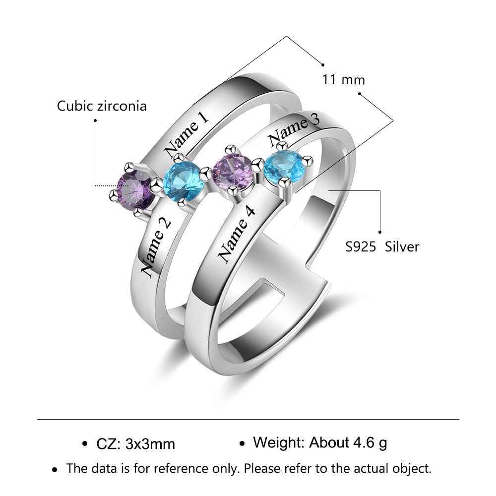 Personalized Gift for Family Engrave 4 Names Childrens Birthstone Promise Rings 925 Sterling Silver Jewelry-Florence Scovel