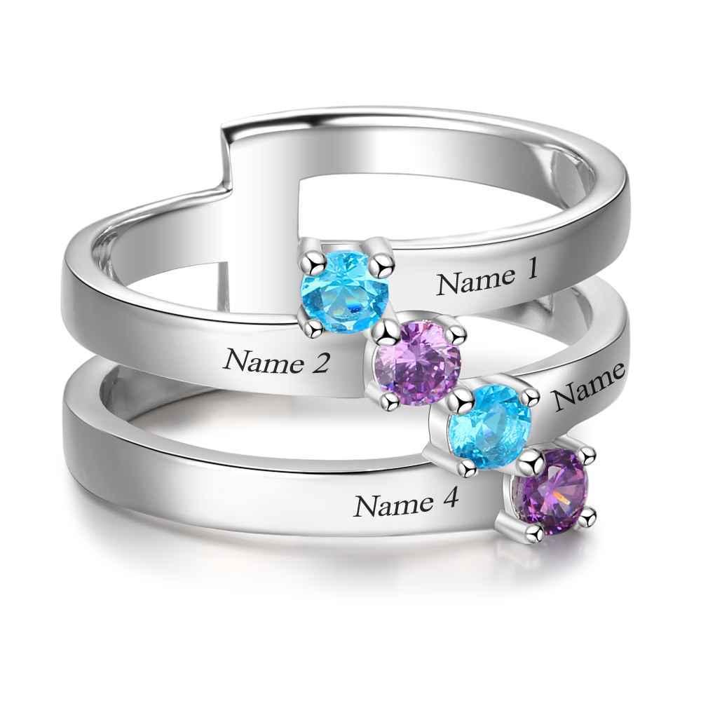 Personalized Gift for Family Engrave 4 Names Childrens Birthstone Promise Rings 925 Sterling Silver Jewelry-Florence Scovel