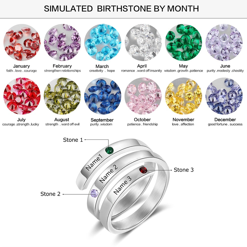 Personalized Family Gift Customized Mother Ring with 3 Birthstones Engraved Name Ring Female Fashion Jewelry-Florence Scovel