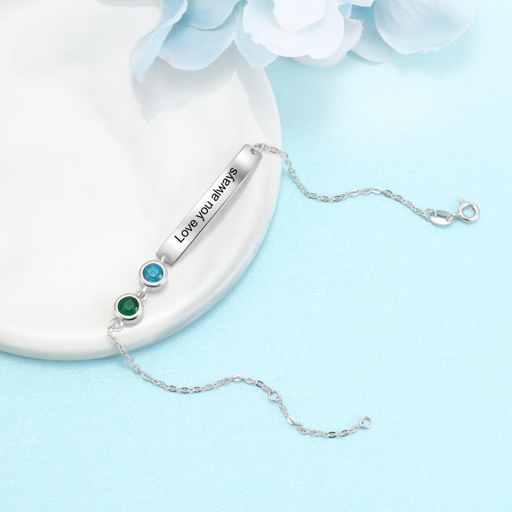 Personalized Bar Bracelets & Bangles with 2 Birthstones Custom Engraved NamePlate Bracelets for Women-Florence Scovel