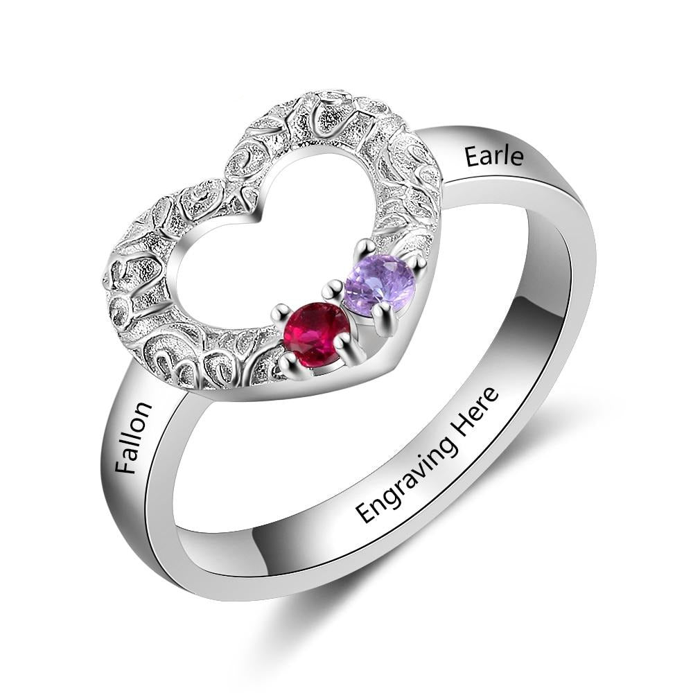 Customized Heart Ring with 2 birthstones 925 Sterling Silver Personalized Name Promise Ring Anniversary Gift-Florence Scovel