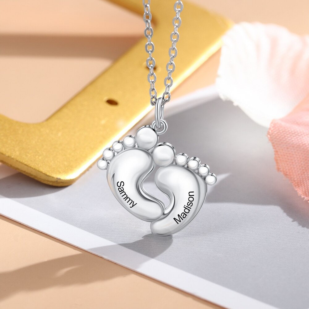 Personalized Baby Footprint Engraved Necklace with 2 Names Customized - Women Pendant Necklace for Mother-Florence Scovel