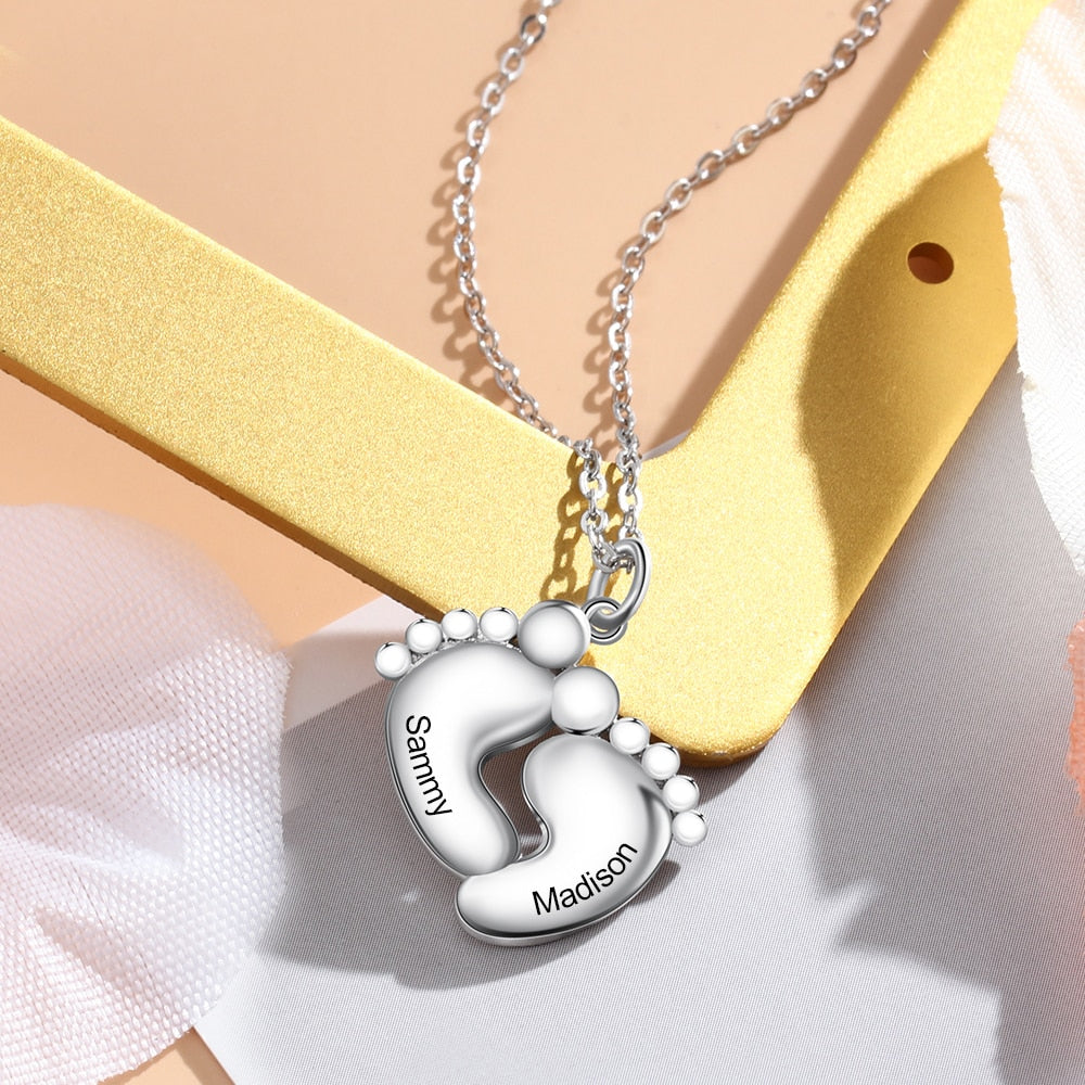 Personalized Baby Footprint Engraved Necklace with 2 Names Customized - Women Pendant Necklace for Mother-Florence Scovel